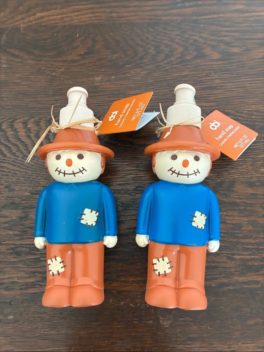 NWT- Set of 2- Caramel Pumpkin Scented Scarecrow Hand Soap Dispensers 6oz